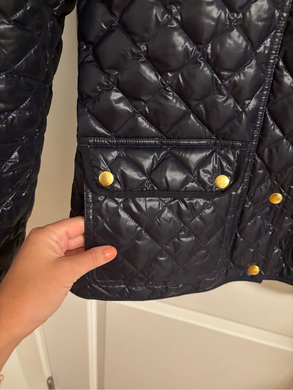 J. CREW Navy Blue Shiny Quilted Down Puffer Jacket Coat Size Small - Picture 7 of 11